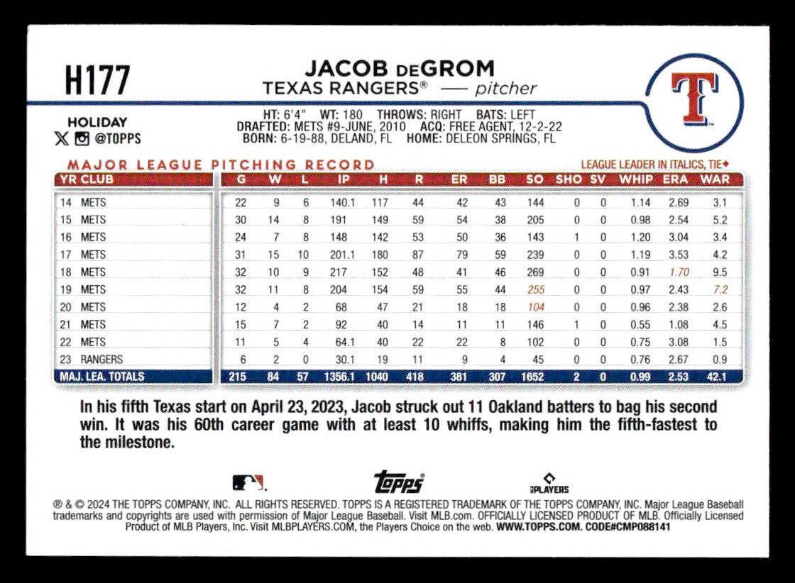 2024 Topps Holiday #H177 Jacob deGrom