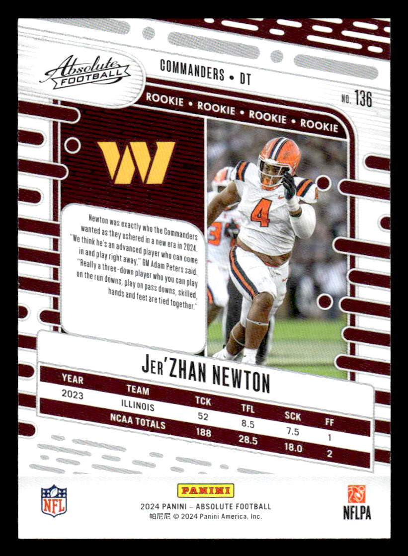 2024 Panini Absolute #136 Jer'Zhan Newton Red and Blue
