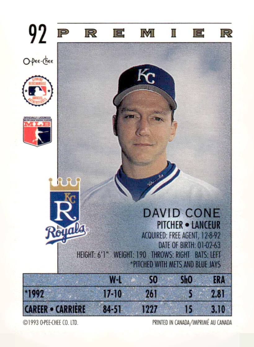 1993 O-Pee-Chee Premier #92 David Cone
