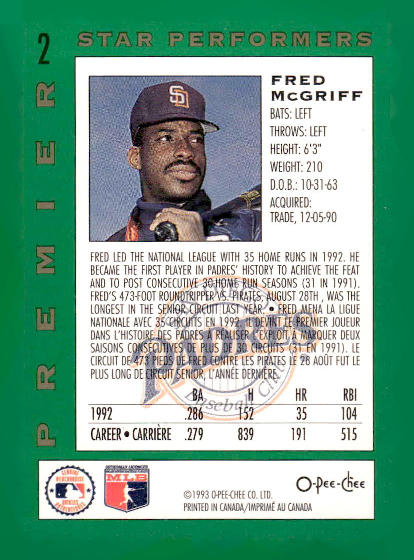 1993 O-Pee-Chee Premier #2 Fred McGriff Pee-Chee Premier - Star Performers
