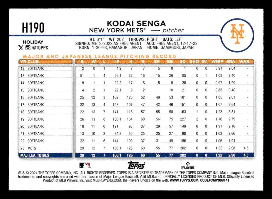 2024 Topps Holiday #H190 Kodai Senga