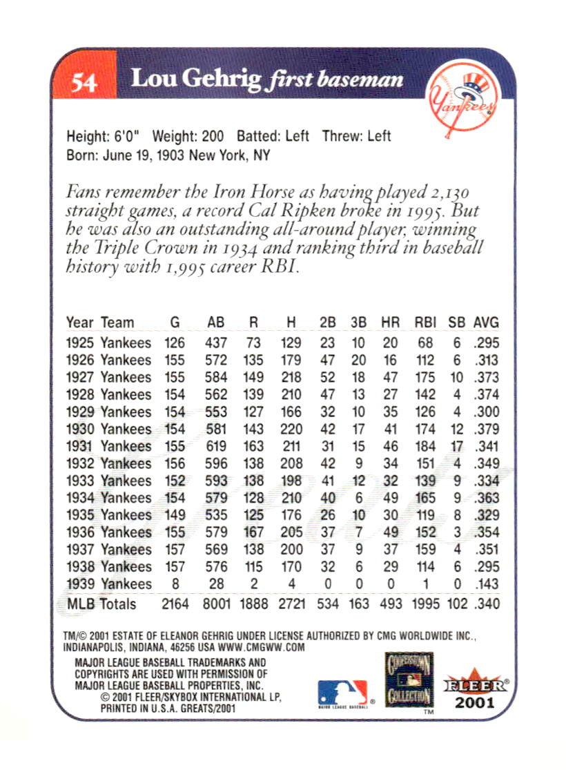 2001 Fleer Greats of the Game #54 Lou Gehrig