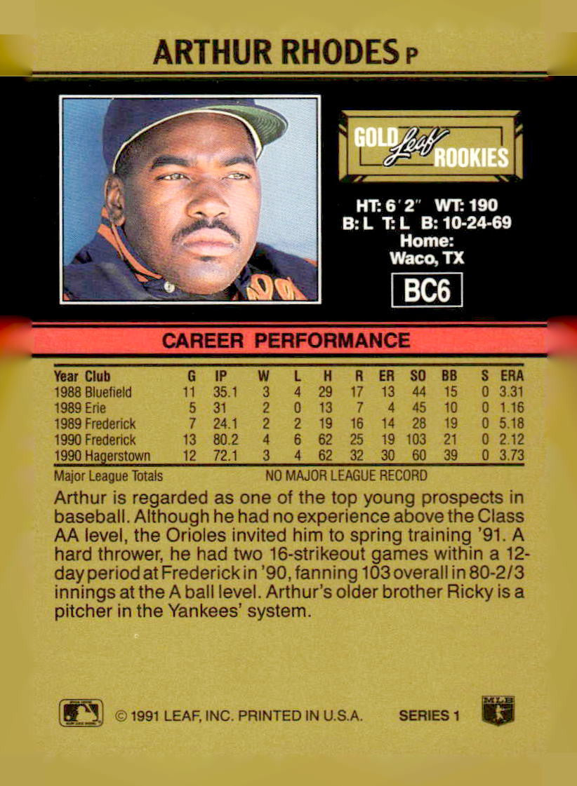 1991 Leaf #BC6 Arthur Rhodes Gold Rookies