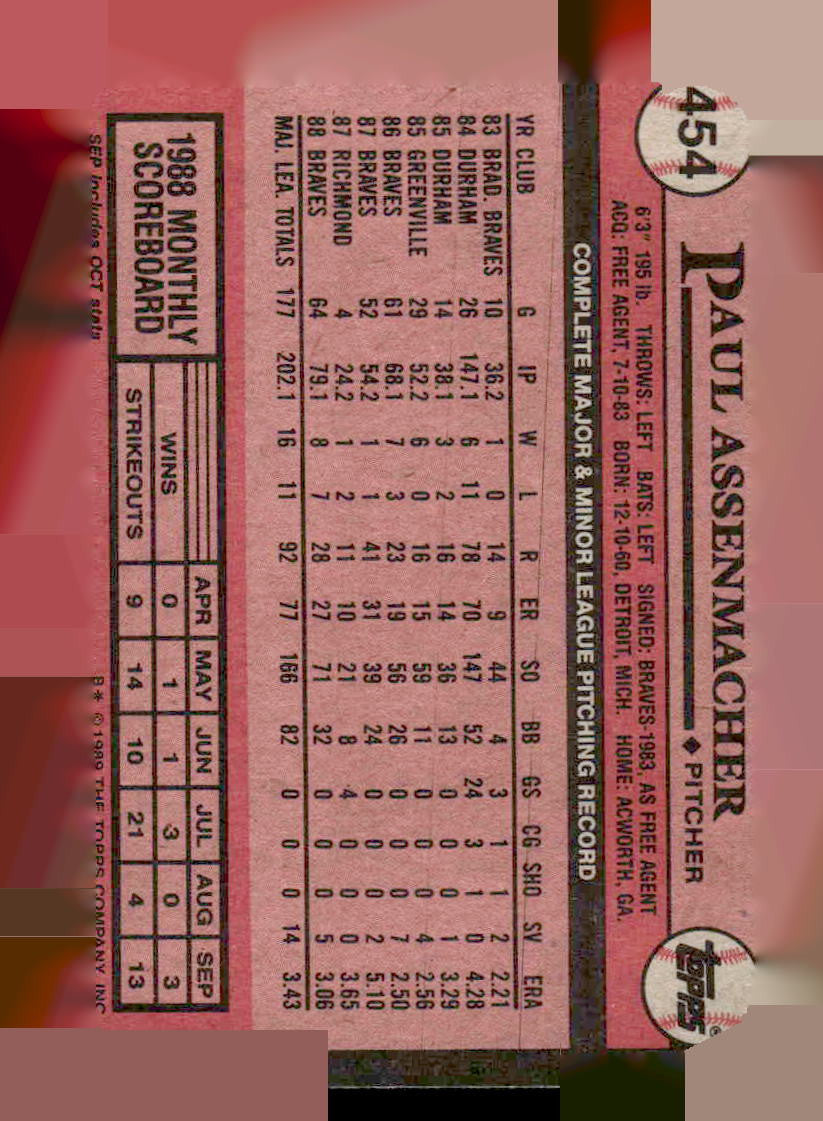 1989 Topps #454 Paul Assenmacher