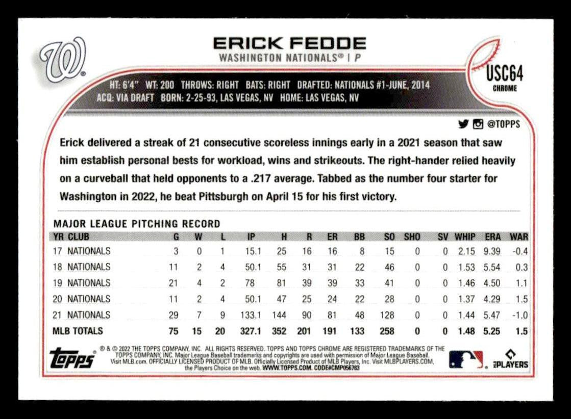 2022 Topps Chrome Update #USC64 Erick Fedde