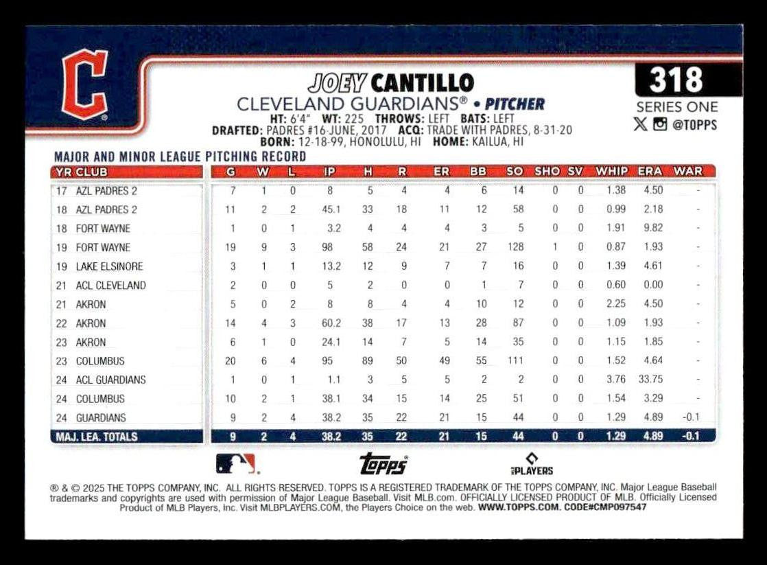 2025 Topps #318 Joey Cantillo