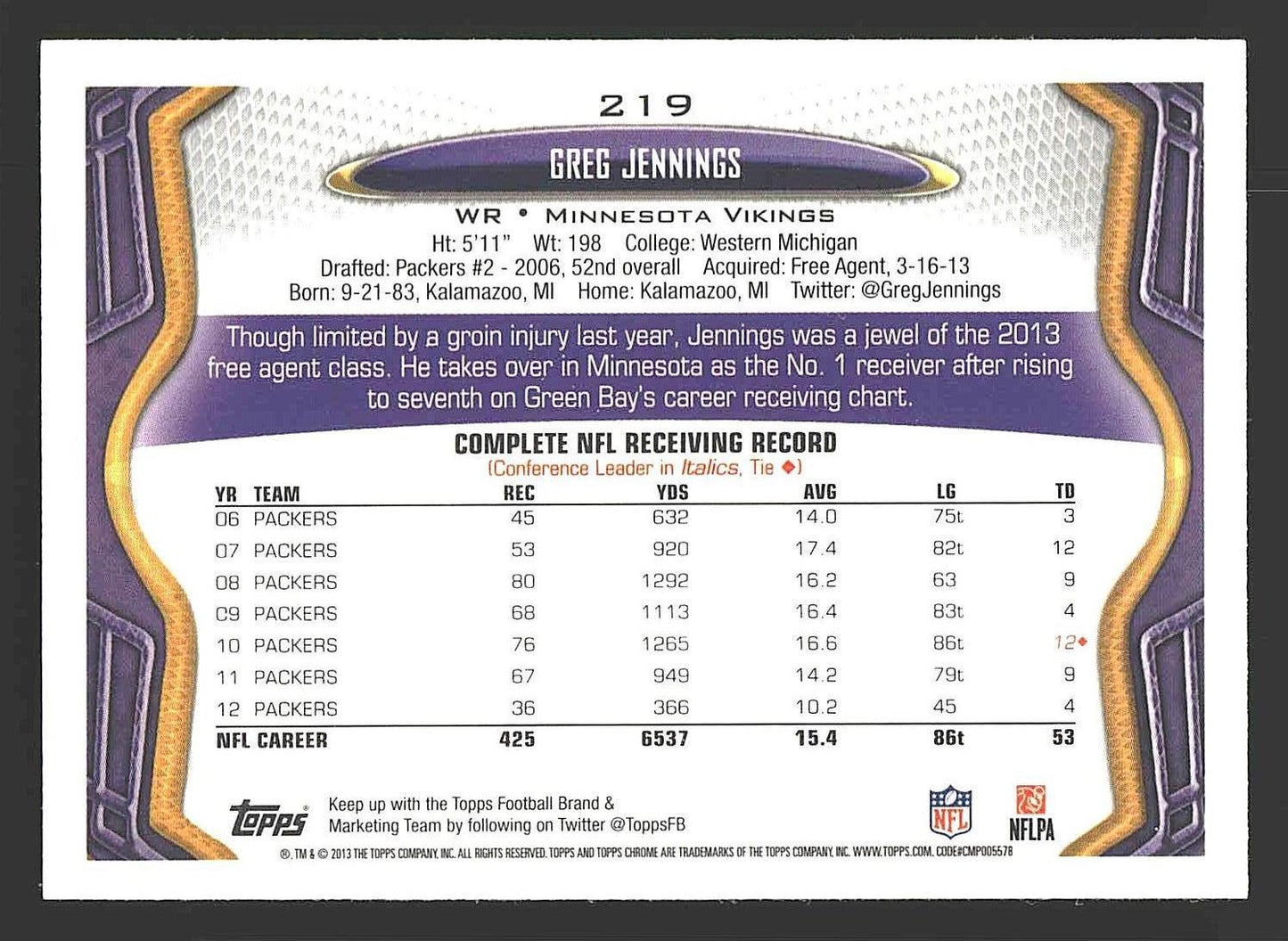 2013 Topps Chrome #219 Greg Jennings