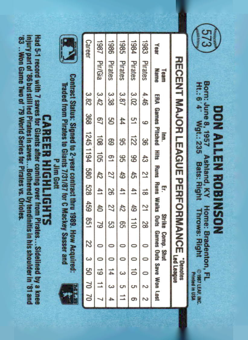 1988 Donruss #573b Don Robinson