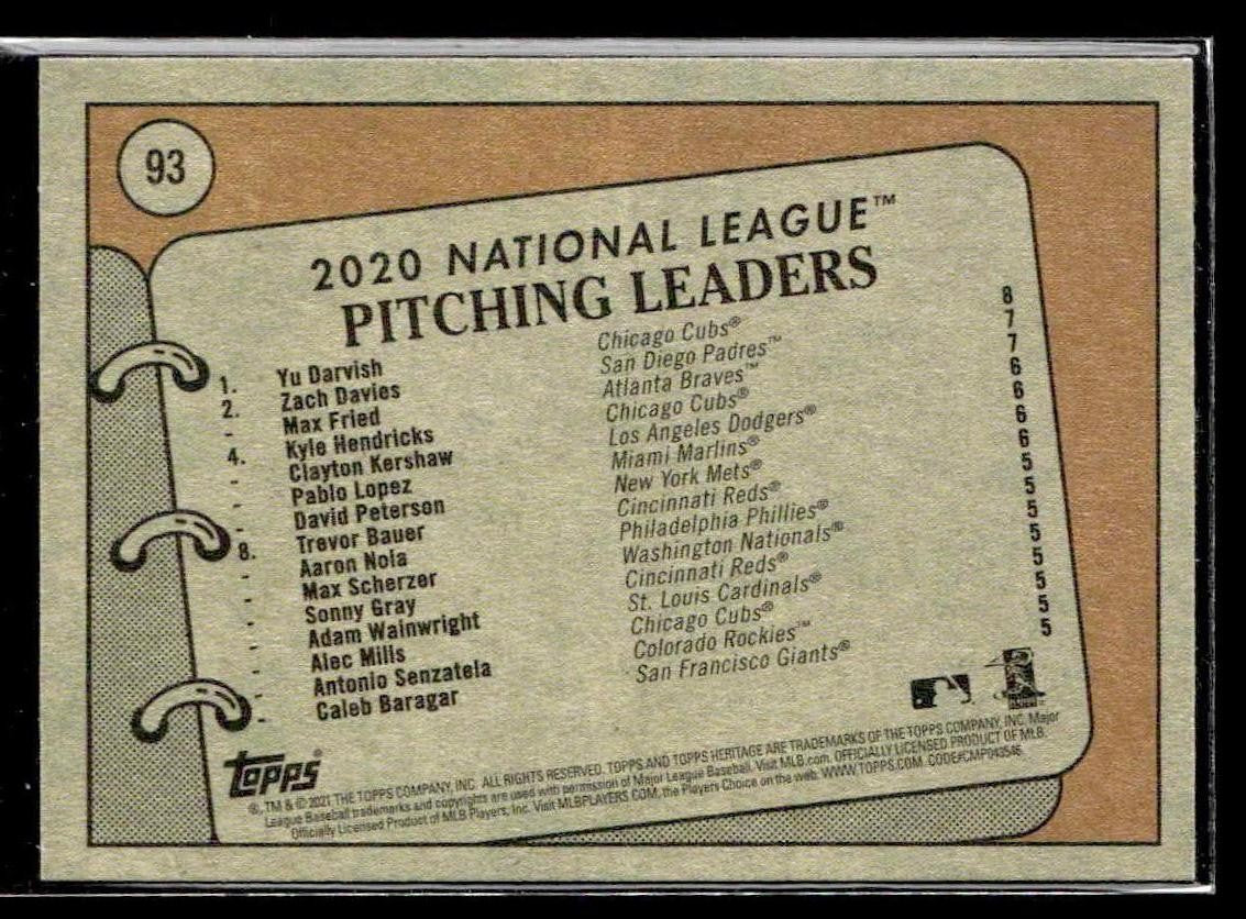 2021 Topps Heritage #93 2020 NL Pitching Yu Darvish / Zach Davies / Max Fried