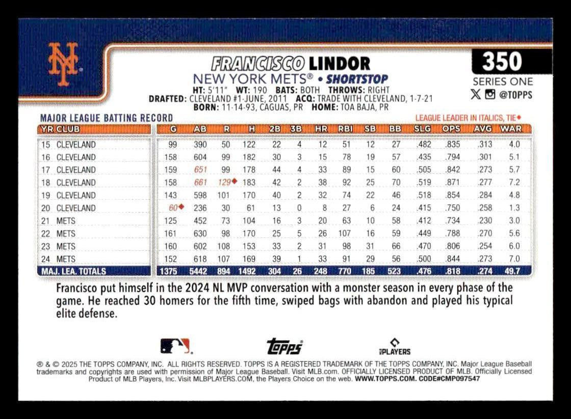 2025 Topps #350 Francisco Lindor