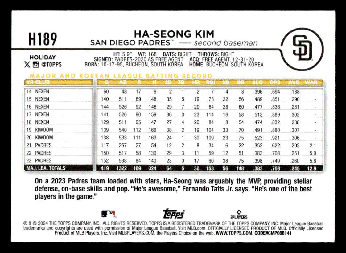 2024 Topps Holiday #H189 Ha-Seong Kim