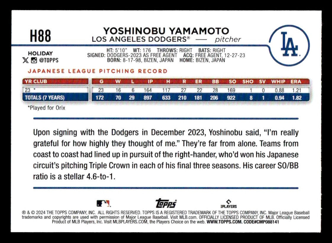 2024 Topps Holiday #H88 Yoshinobu Yamamoto