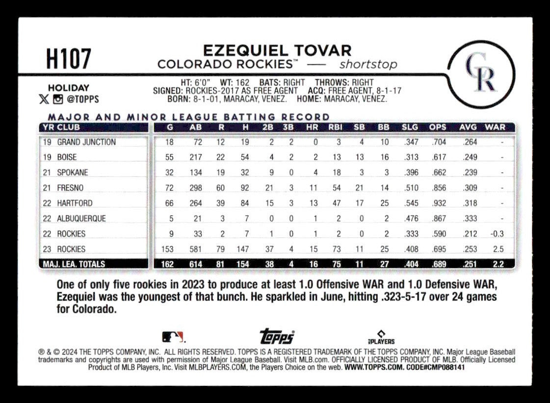 2024 Topps Holiday #H107 Ezequiel Tovar