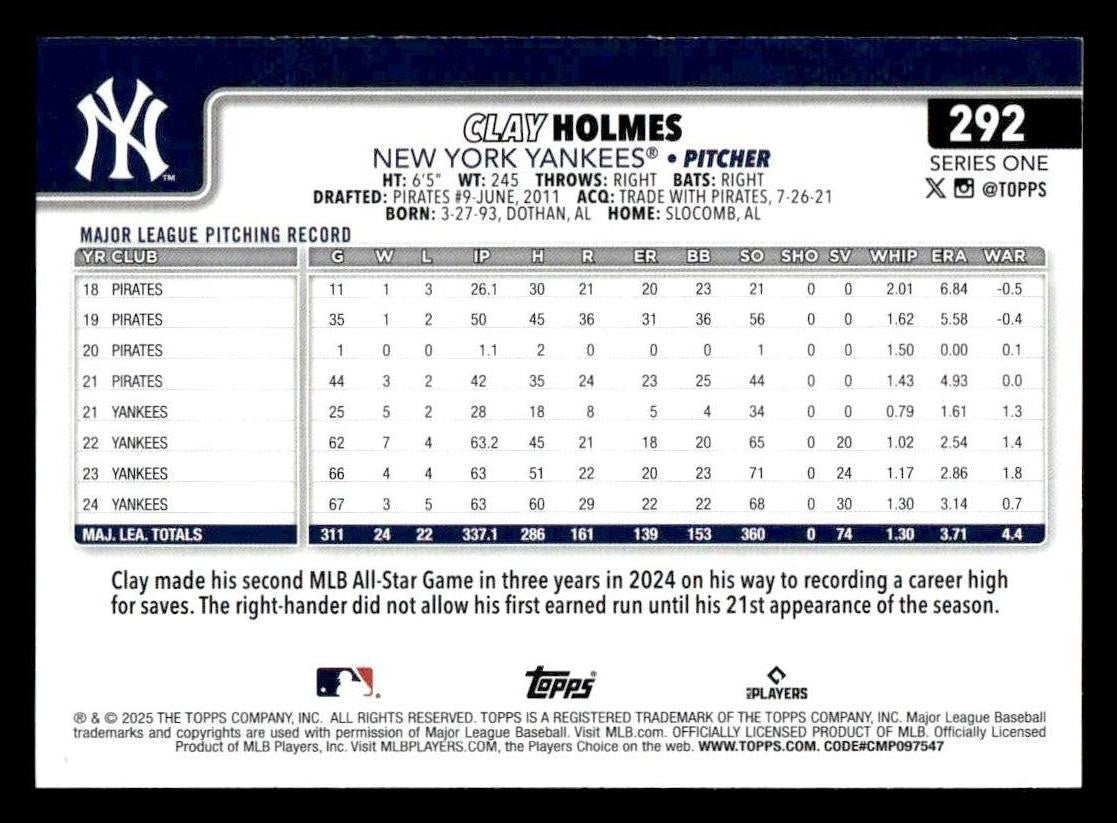 2025 Topps #292 Clay Holmes